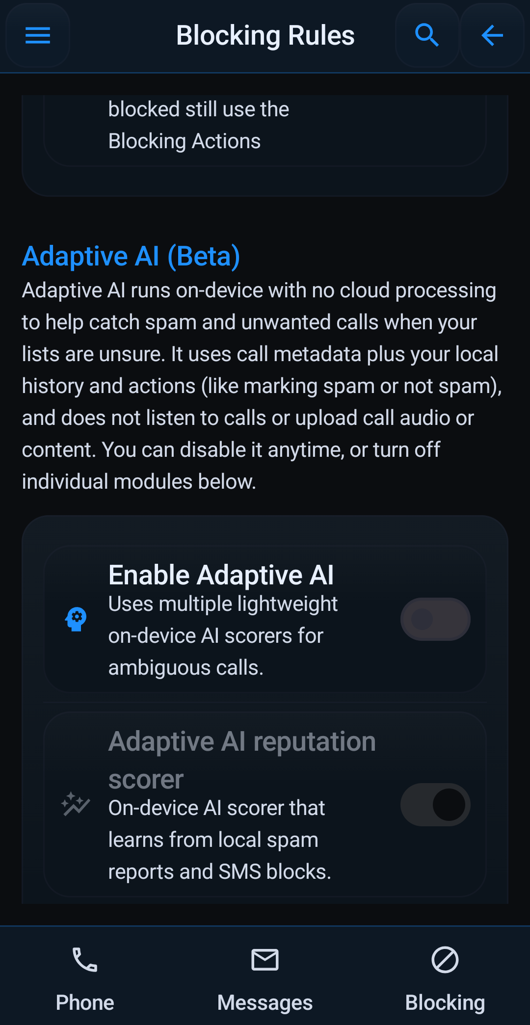 Adaptive AI settings in Block Guard